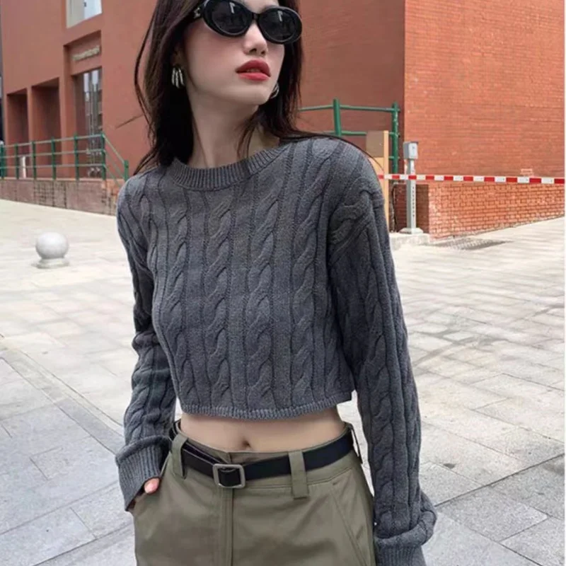 

Spring Autumn Korean Twist Wool Sweater Women's Wearing Gray Pullover Short Crop Chic Knit Top Simple Round Neck Jumper Female