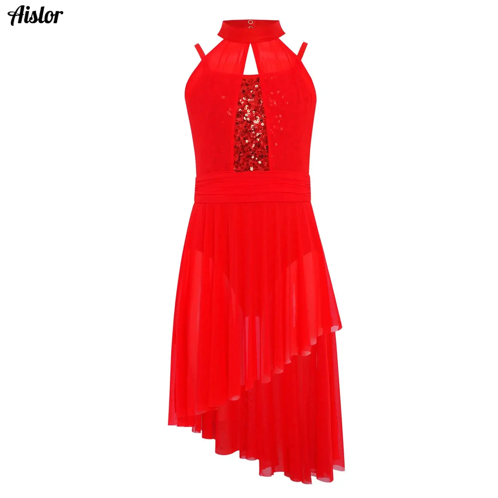 

Kids Girls Lyrical Dance Dress Sleeveless Shiny Sequins Bodice Sheer Mesh Modern Dance Dress for Gymnastics Stage Performance