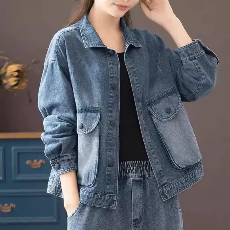 

Casual Denim Jackets For Women Fashion Turn-down Collar Streetwear Solid Single-breasted Jeans Coats Spring Autumn 2025