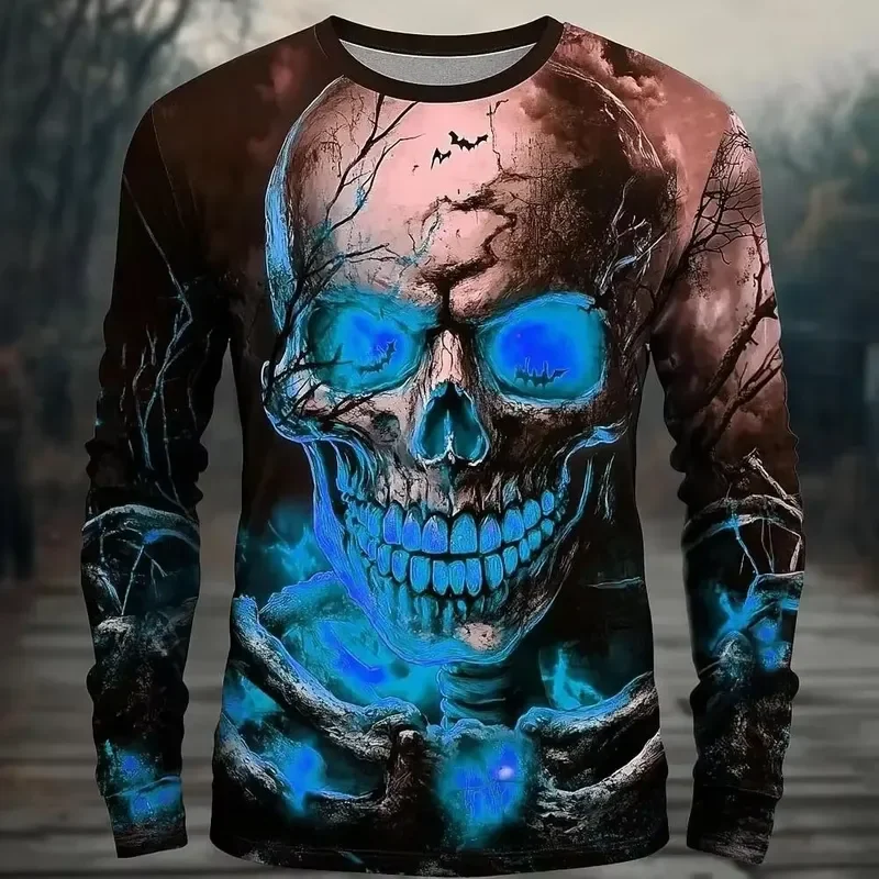 3D Long Sleeve Men Glowing Skull Bat Forest Print T Shirt 2026 Halloween Gothic Outfit Casual Streetwear Top Fashion