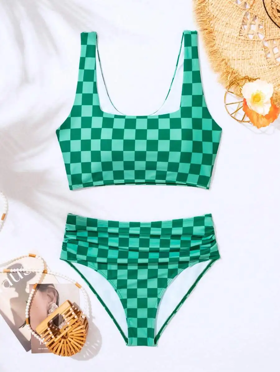 

Green Checkered Print Bikini Set For Women Summer Beach Vacation Swimwear
