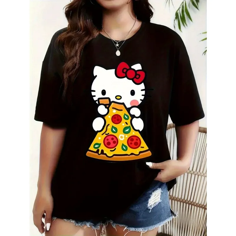 

Ladies Hello Kitty Pizza Pattern T-shirt Loose Round Neck Short Sleeve Cotton Summer Casual Women's Loose Y2K Fashion Top