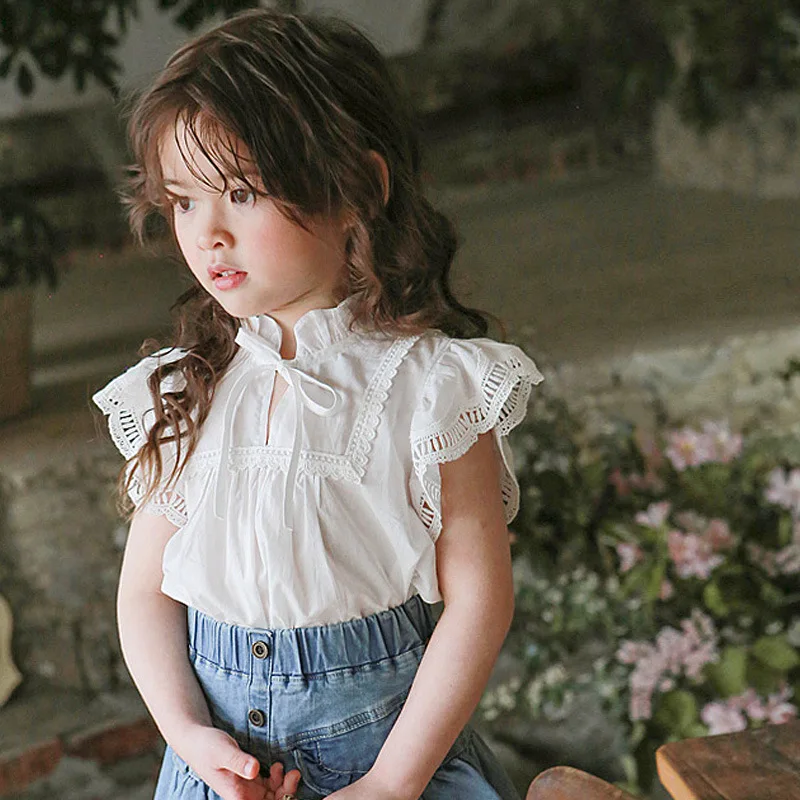 Children Clothing Kids Solid Color2024 New Summer Fashion Girls Thin Cotton Wood Collar Embroidered Lace Shirt T Shirt