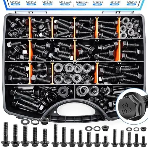 

400Pcs Metric Bolt & Nut Assortment Kit – M6, M8, M10 Flange Bolts with Washers – Black Hex Fasteners (12-45mm)
