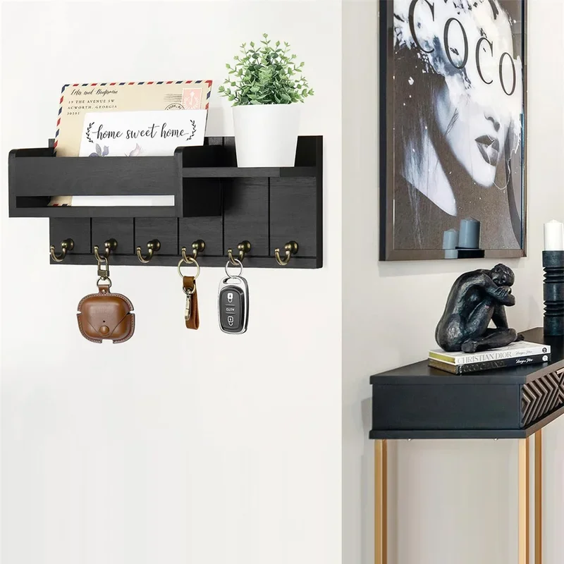 DecorativeRustic Wall-Mounted Key Rack & Mail Organizer with Shelf Key Rack and Mail Organizer with 6 Key Hooks Rustic Wood Key Holder Wall Mounted with Shelf for Living Room Enterway 5