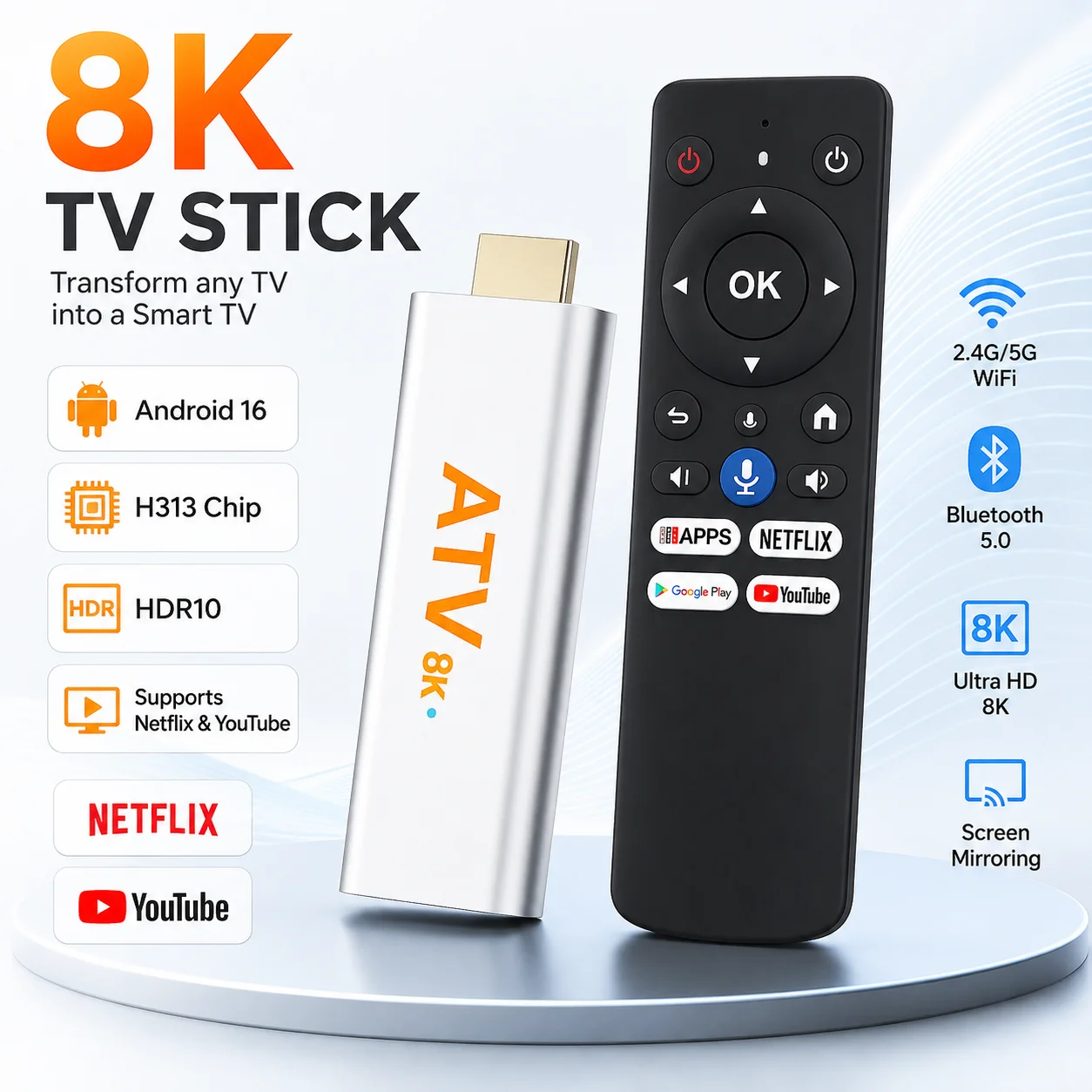 8K Android 16 TV Stick H313 Chip HDR10 Smart TV Voice Remote 2.4G/5G WiFi Bluetooth Streaming Media Player Netflix YouTube