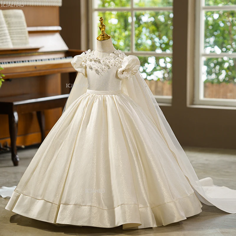 

Girls Princess Party Dress with Long Train for Host Piano Pageant Formal Evening Gown Flower Girl Dresses Performance Birthday