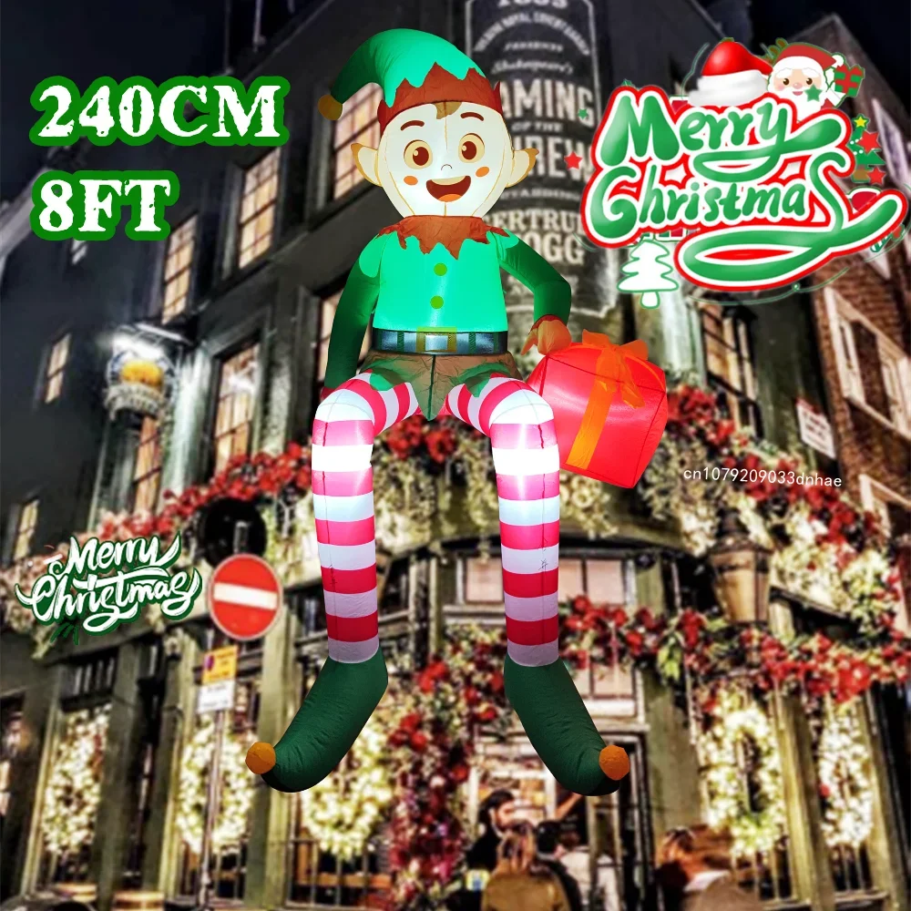 8FT Christmas Inflatable Trim Sitting Elf with Gift Bag Xmas Trim Built-in LED Light For Party Garden Yard Outdoor Xmas Decor - view 2