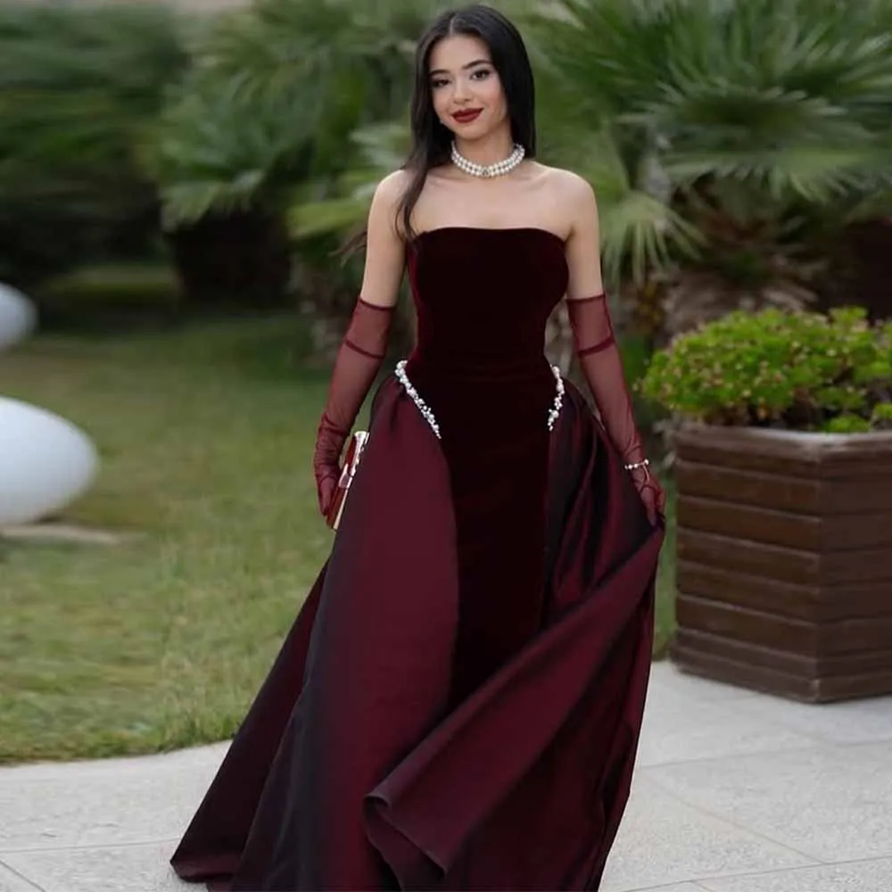 

Элегантные платья для дня рождения 2025 г. Велюровые платья трапециевидной формы на День святого Валентина Бордовые вечерние платья без бретелек с жемчугом и рюшами