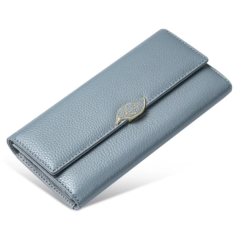 New Fashion Women Wallet with Metal Leaf Luxury Genuine Leather Long Wallets Rfid Card Holder Purse Blue Clutch Bag for Ladies