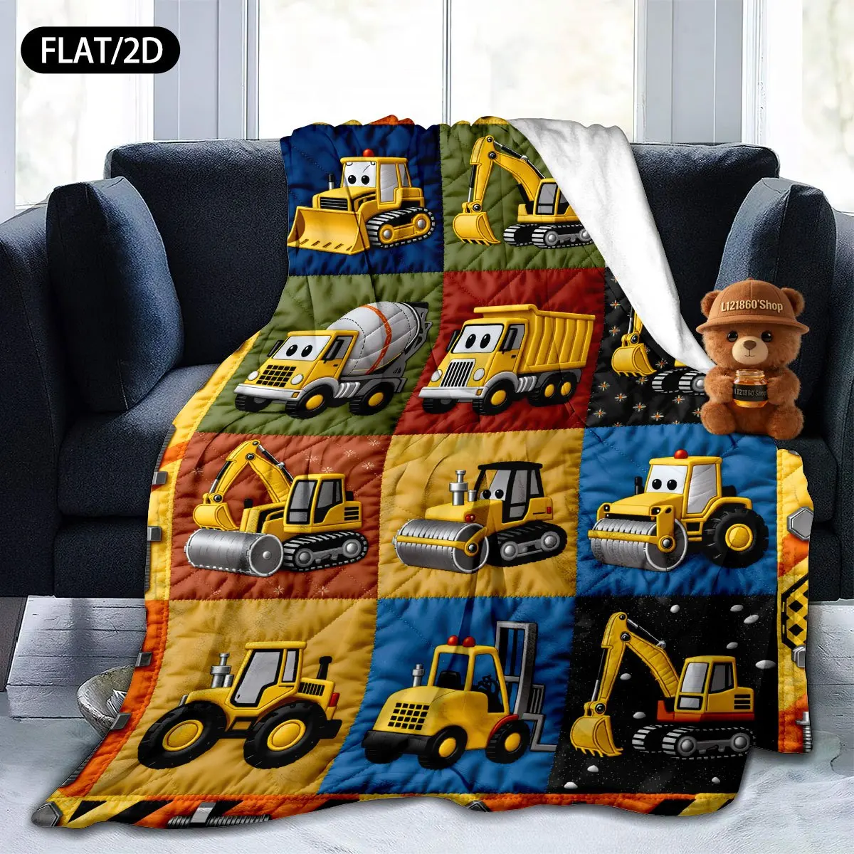 Construction Vehicle Blanket, Soft Warm Throw with Bulldozer Excavator Dump Prints for Bedrooms Camping, Cozy Decor Gift