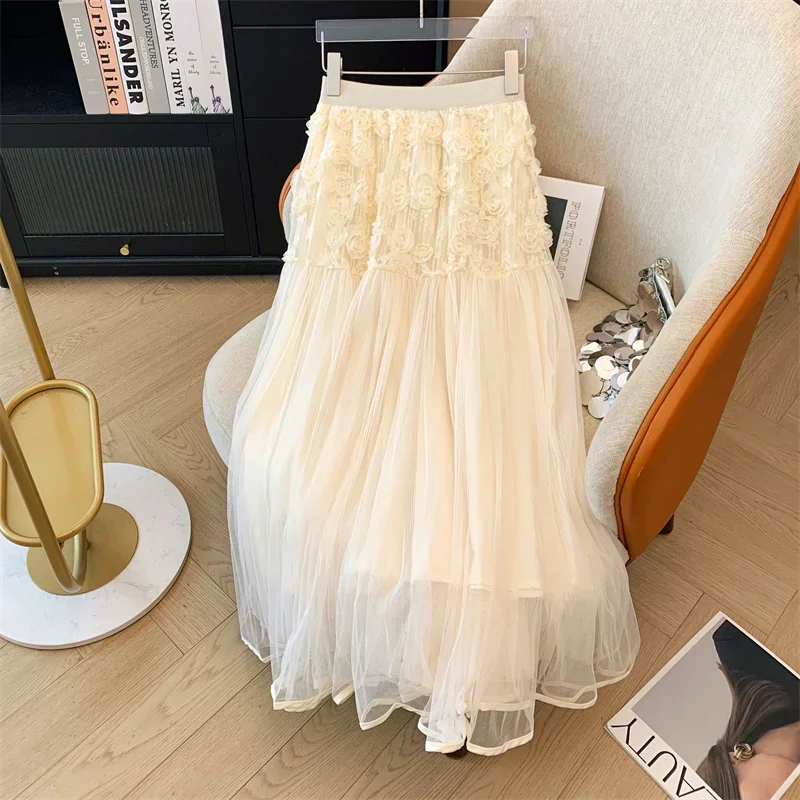 Three-dimensional Flower Mesh Skirts Women's 2025 Spring Autumn Fashion High Waist Big Swing Gauze A-line Pleated Long Skirt y2k