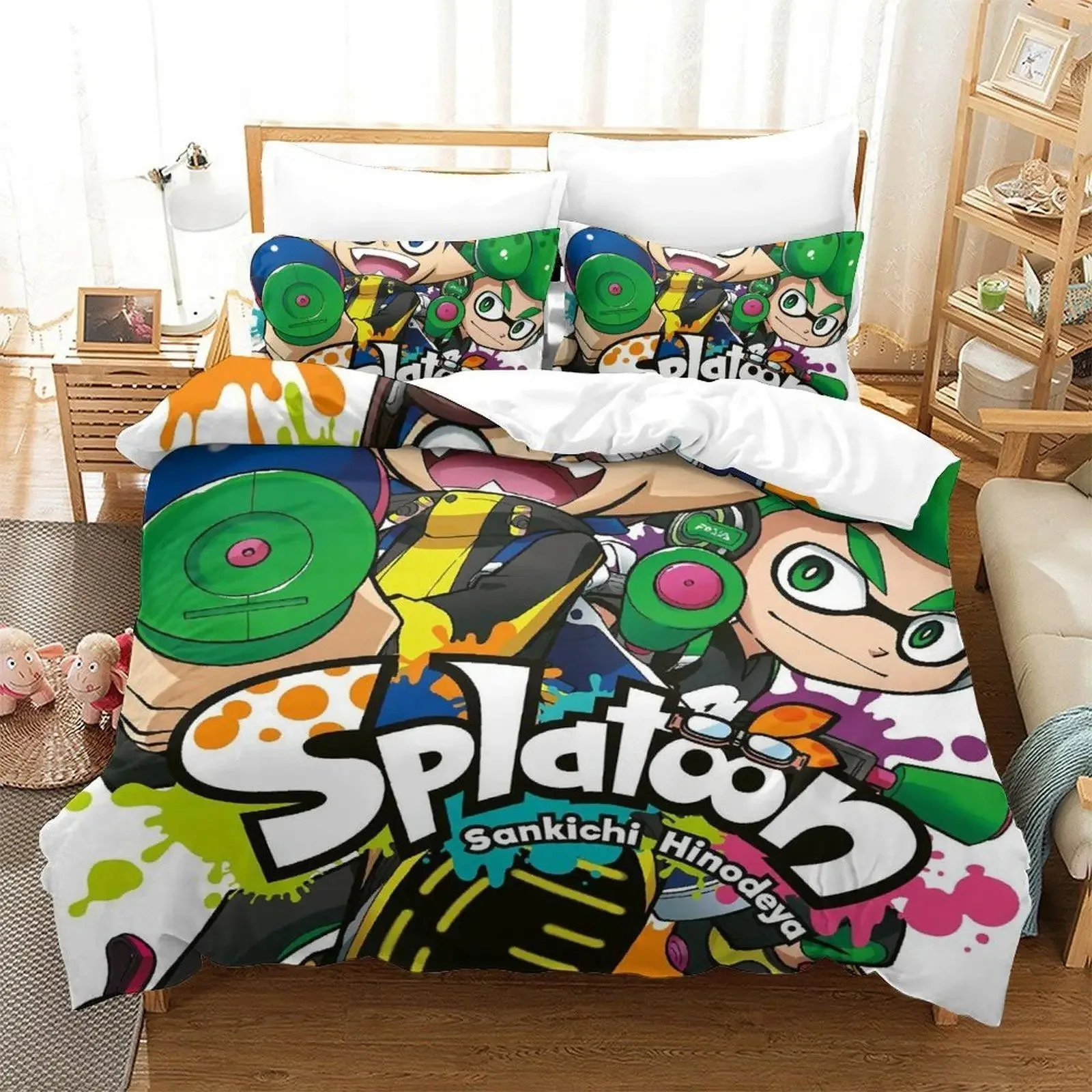 Splatoon 3 Inkling Squid Bedding Set Single Twin Full Queen King Size Bed Set Aldult Kid Bedroom Duvetcover Sets Bed Sheet Set