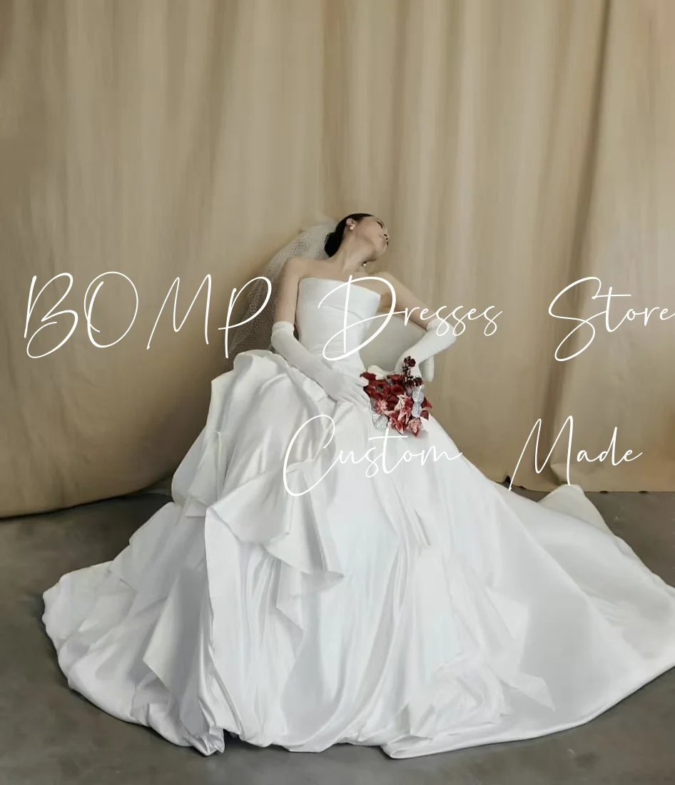 BOMP Klassisches Brautkleid mit Falten, trägerlos, A-Linie, bodenlang, weißer Taft, Korea-Fotoshooting, Braut-Empfangskleid, individuell