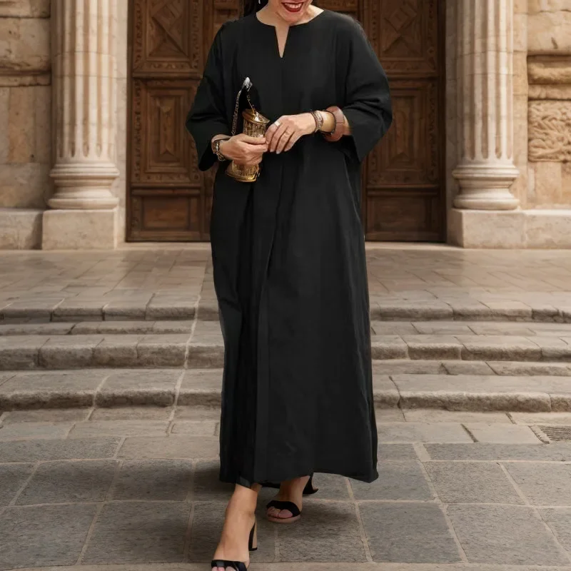 Abaya-Robe en coton et lin pour femmes musulmanes, vêtements du Moyen-Orient turcs, robe décontractée arabe, dubaï, uni, grande taille