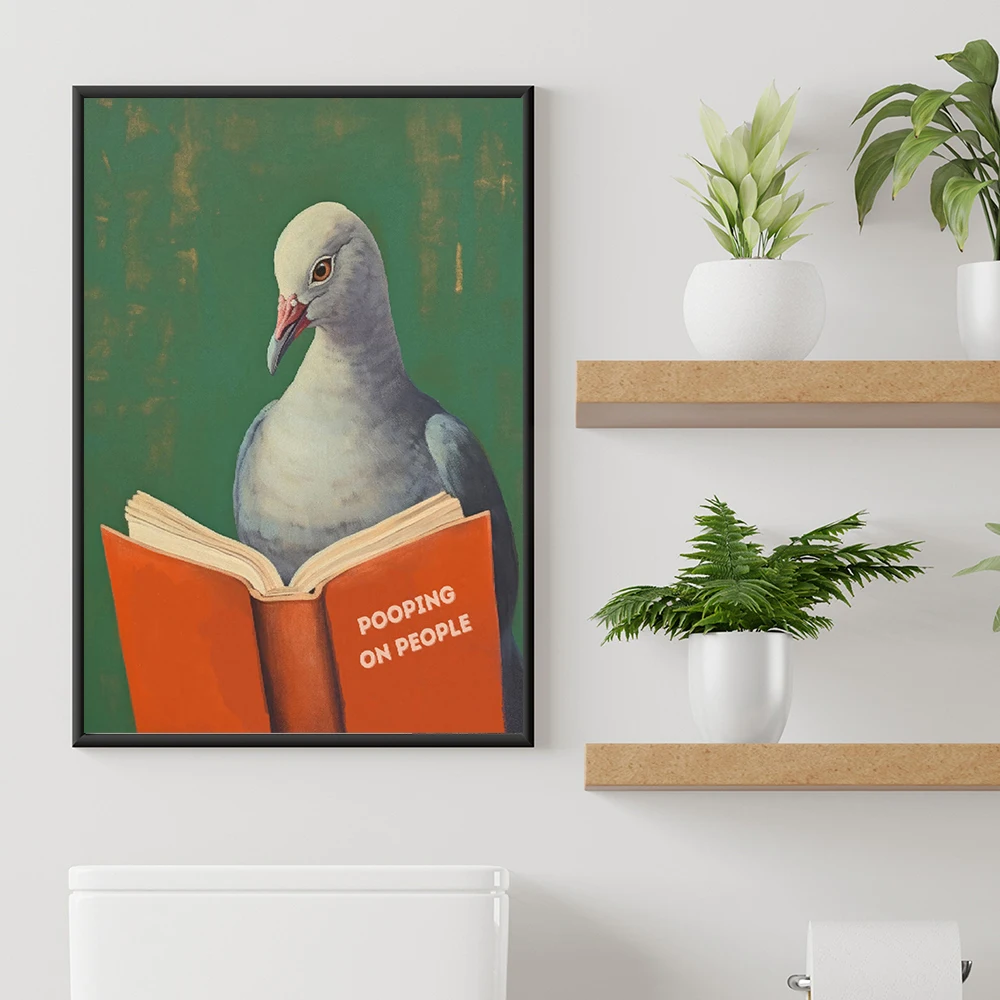 

Pigeon Bird Reading Book Bathroom Funny Humorous Pet Canvas Painting Pooping On People Poster Wall Art Picture Toilet Room Decor