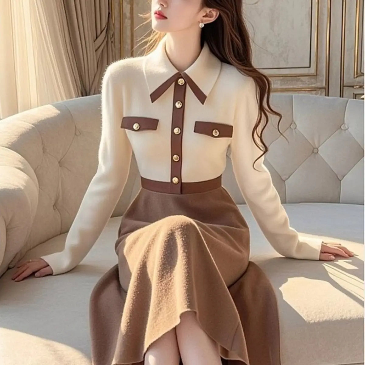 Impressionante vestido de malha café contraste painéis vestido de malha figura lisonjeiro cintura vestido de malha camadas macias vestido de malha aconchegante