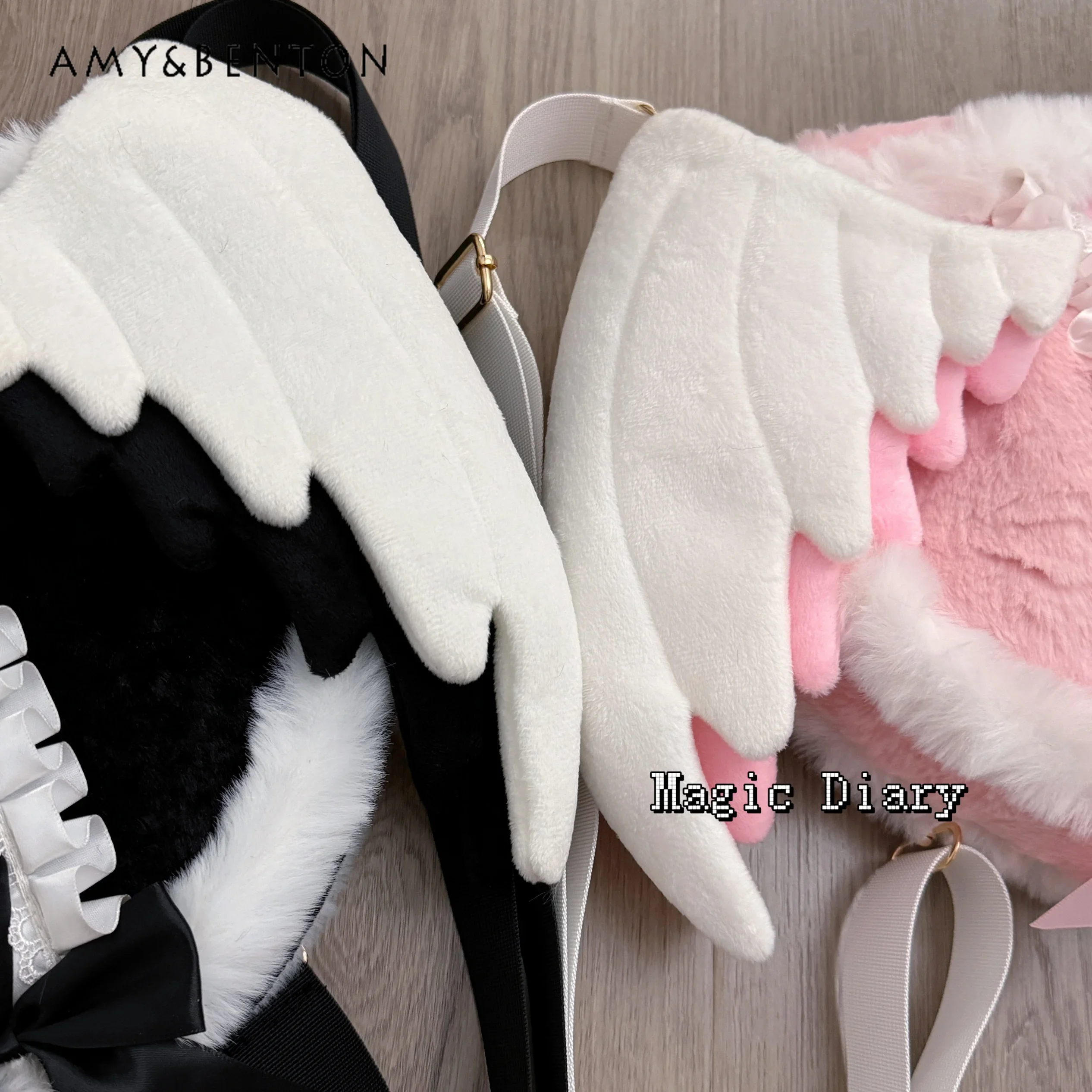 Japanese Sweet Angel Wings Mine Series Subculture Single Shoulder Bag Women Cute Plush Splicing Color Preppy Style Mini Backpack