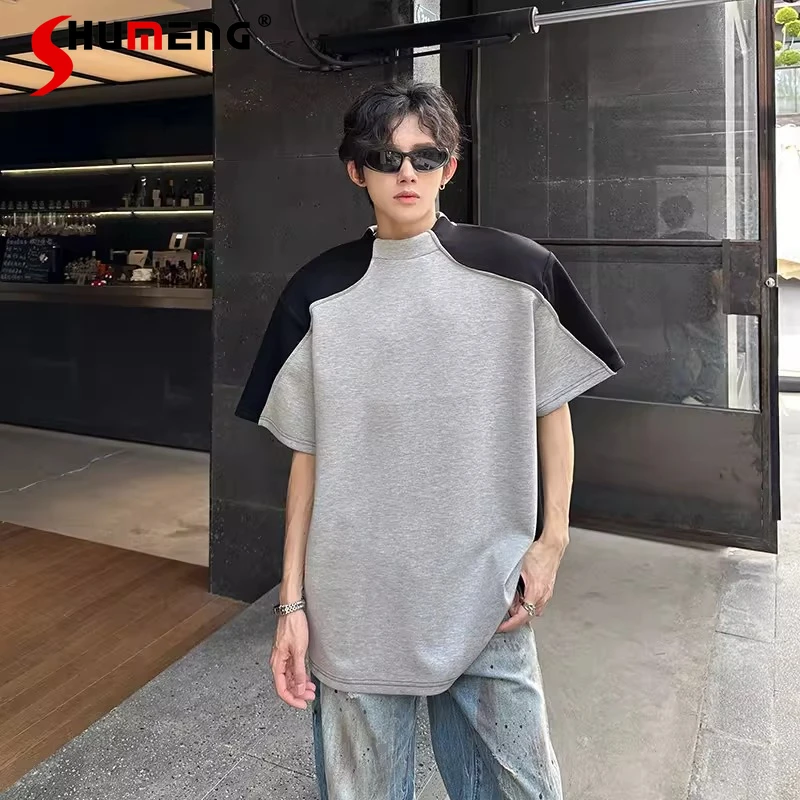 

Men's 2026 Summer Trendy Short Sleeve Loose T-Shirts Fashion Stand Collar Contrast Color Tops Splicing Half Sleeve Chic T-Shirts