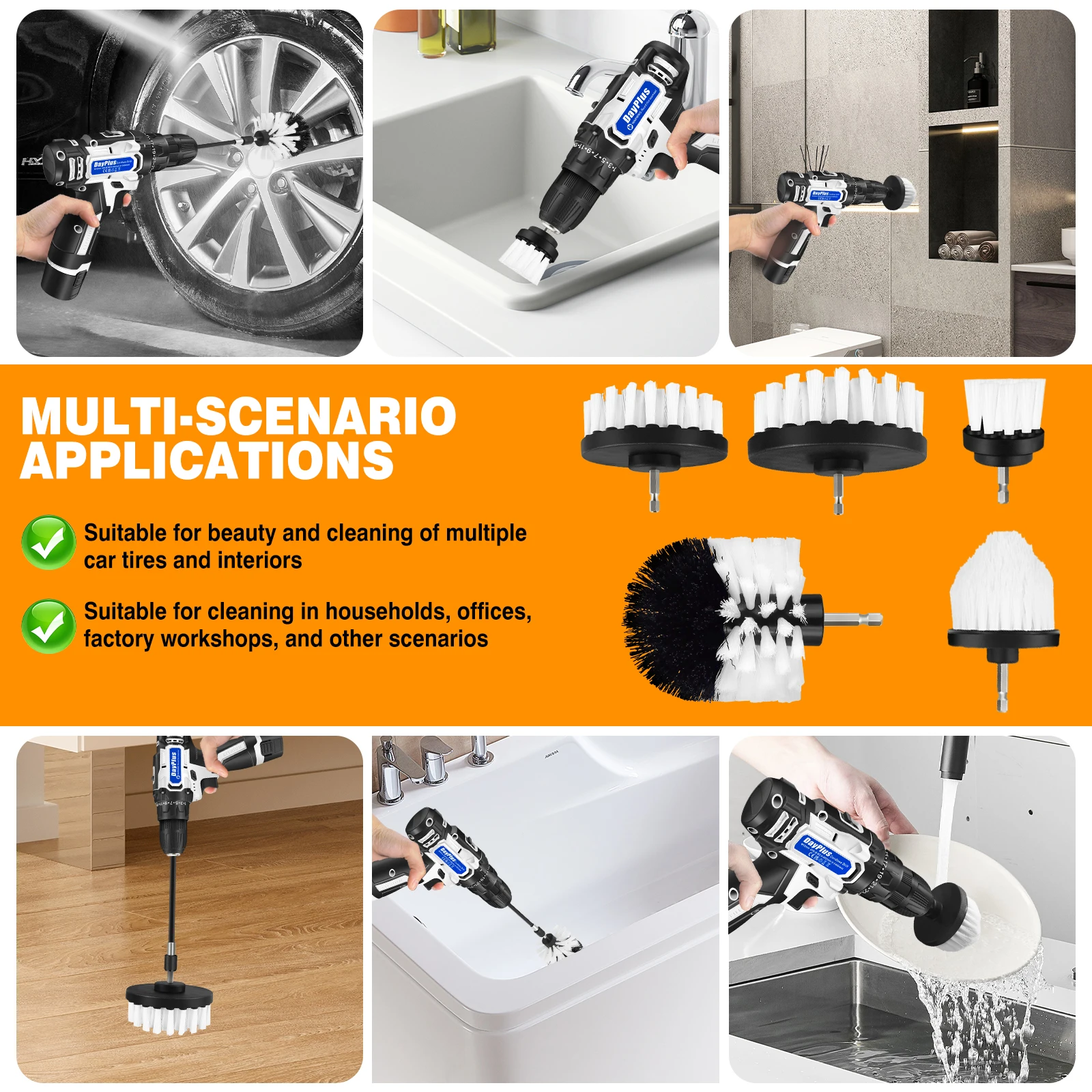 DayPlus 2-in-1 Cordless Drill & Electric Spin Scrubber Cleaning Brush Combi Set w/Battey and Charger 25+1 Keyless,6PCS Brush