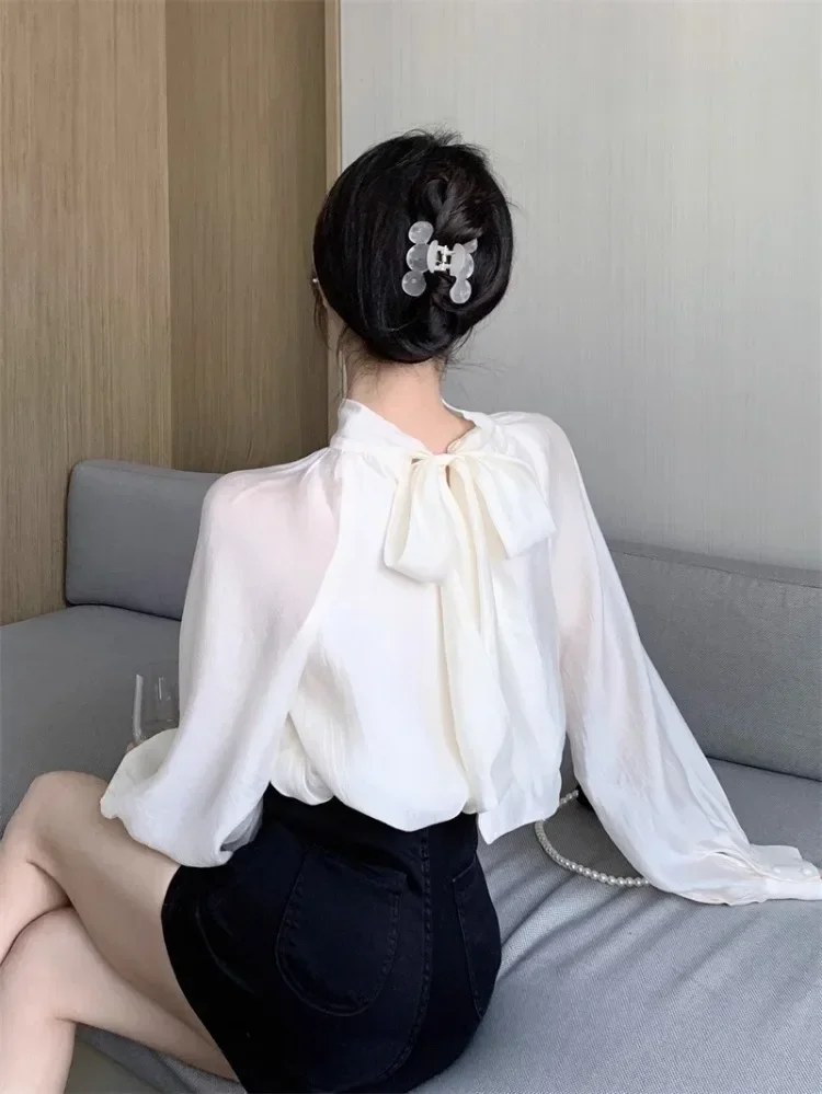 Ezgaga Office Lady Elegant Shirts Women Sweet Bow Bandage Long Sleeve Loose Blouse Autumn New Chic Women Temperament Tops