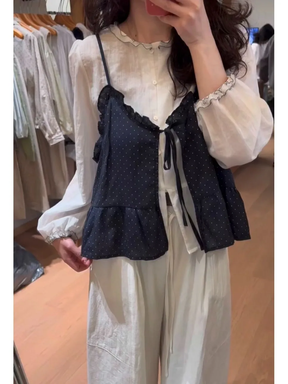 

Korean Style Polka Dot Belted Halter Vest Top Wooden Shirt Women's Early Spring Two-Piece Set Breathable Lightweight Cas...