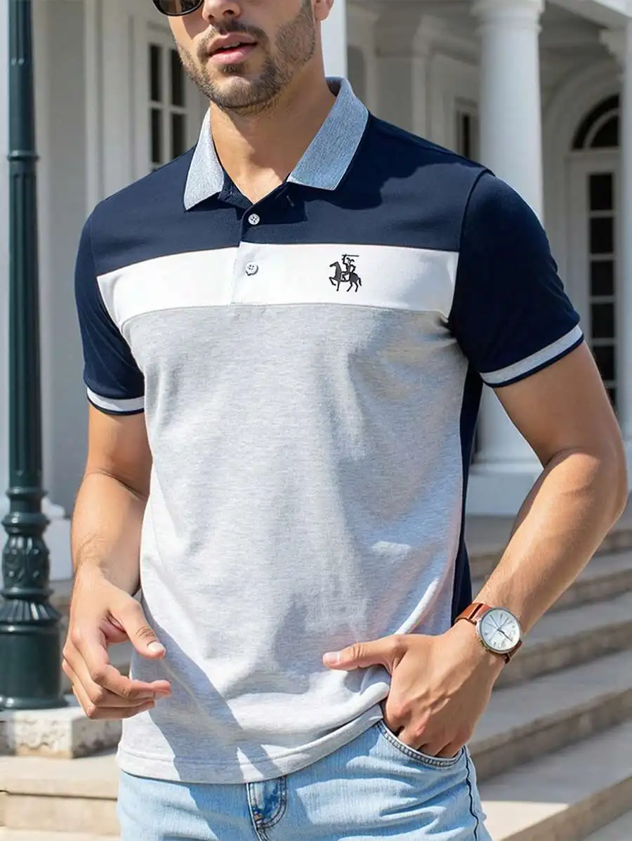 

Men's Colorblock Short Sleeve Polo Shirt with Embroidered Logo - Casual Summer Wear