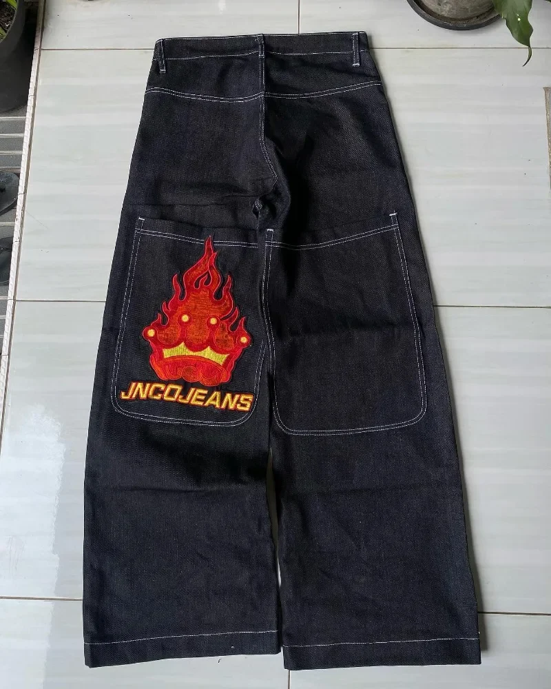 Y2K JNCO high quality Embroidered Hip Hop baggy jeans Tribal Jeans Gothic Streetwear Harajuku Black Pants Waist Wide Leg Trouser