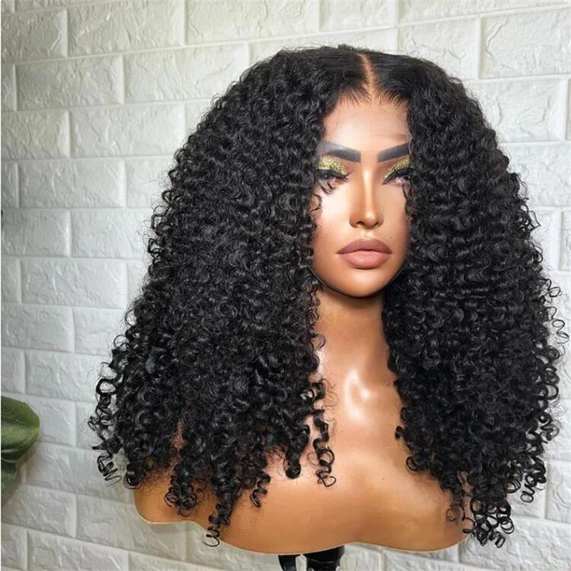 Deep 26“ Natural Black 180Density Long Kinky Curly Lace Front Wig For Women Babyhair Preplucked Heat Resistant Glueless Daily