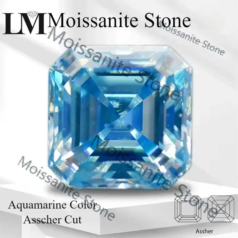 Moissanite Stone Aquamarine Asscher Cut for Pass Diamond Tester Gemstone Charms Czochralski Method Gemstone with Certificate