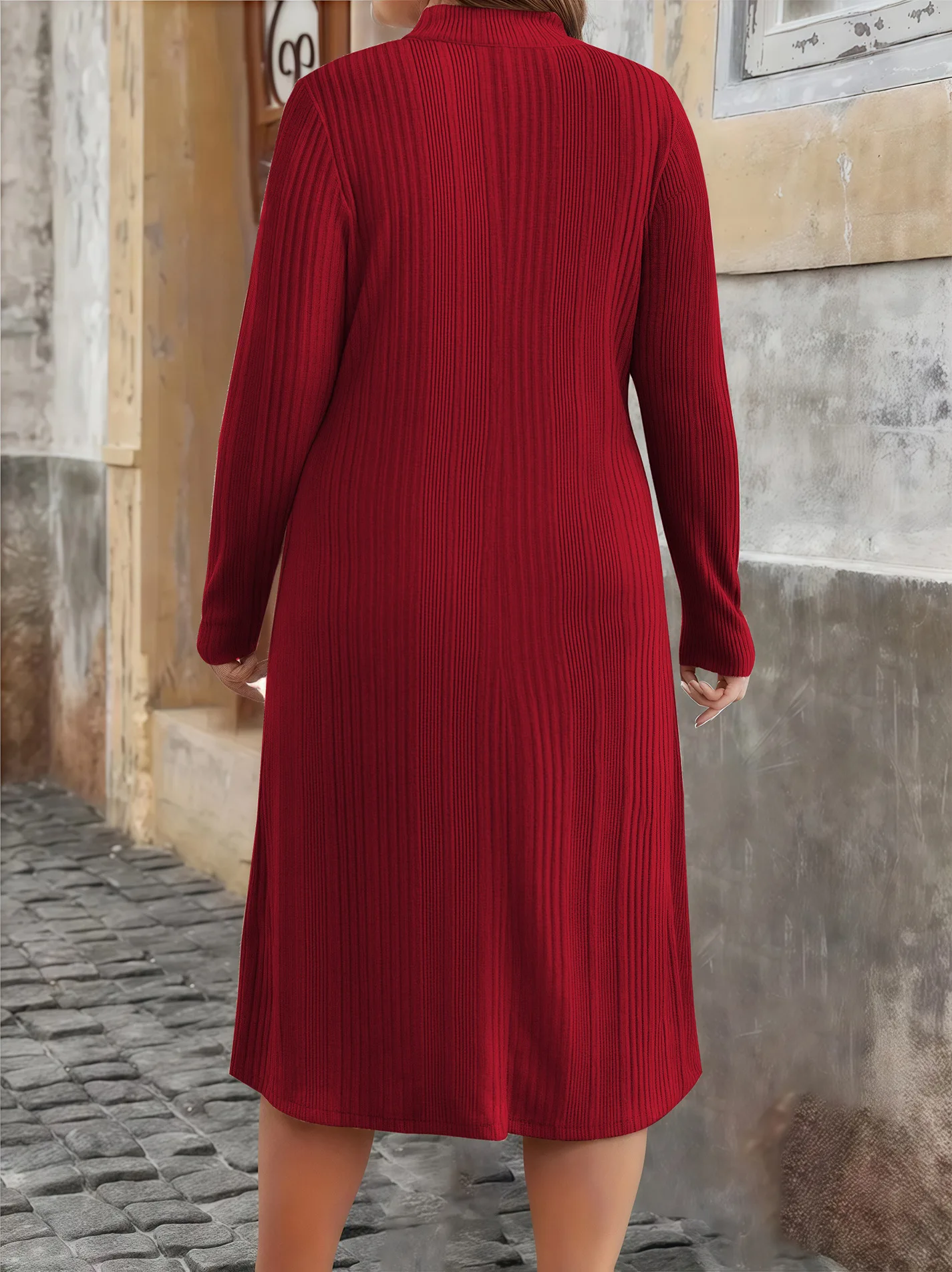 2026 5XL vestido de punto acanalado de talla grande para mujer con cremallera frontal cuello redondo elegante Casual Color sólido vestido de invierno de manga larga tallas grandes - Image 3