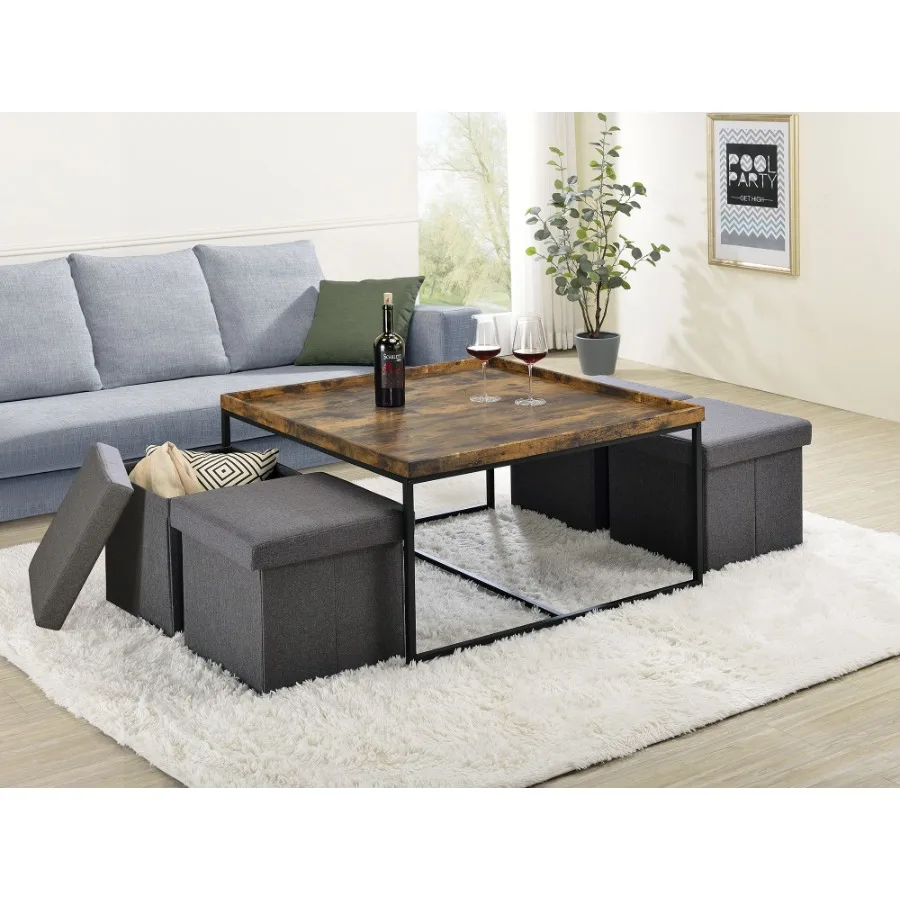 Vinny 35 Weathered Oak Wood Grain 5 Piece Coffee Table Set with Raised Edges