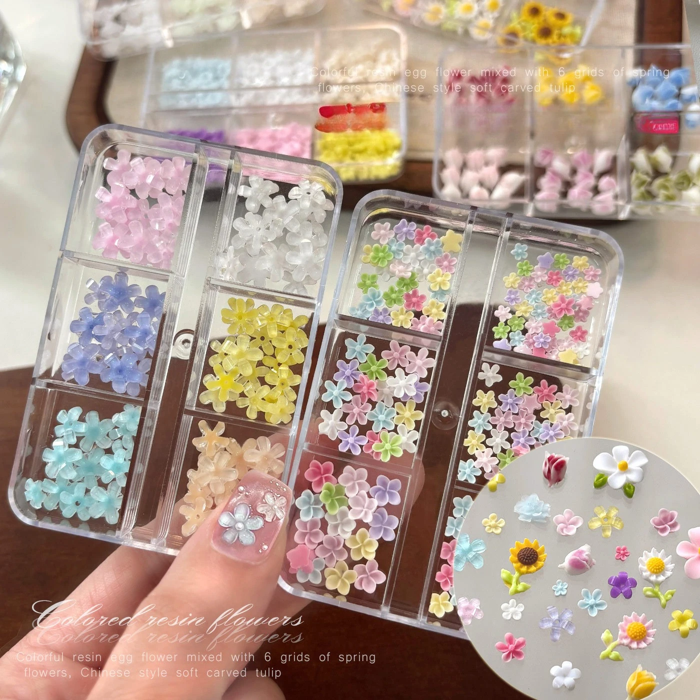6-grid colorful flower manicure mobile phone shell DIY three-dimensional five-petal flower tulip sunflower resin diamond kit