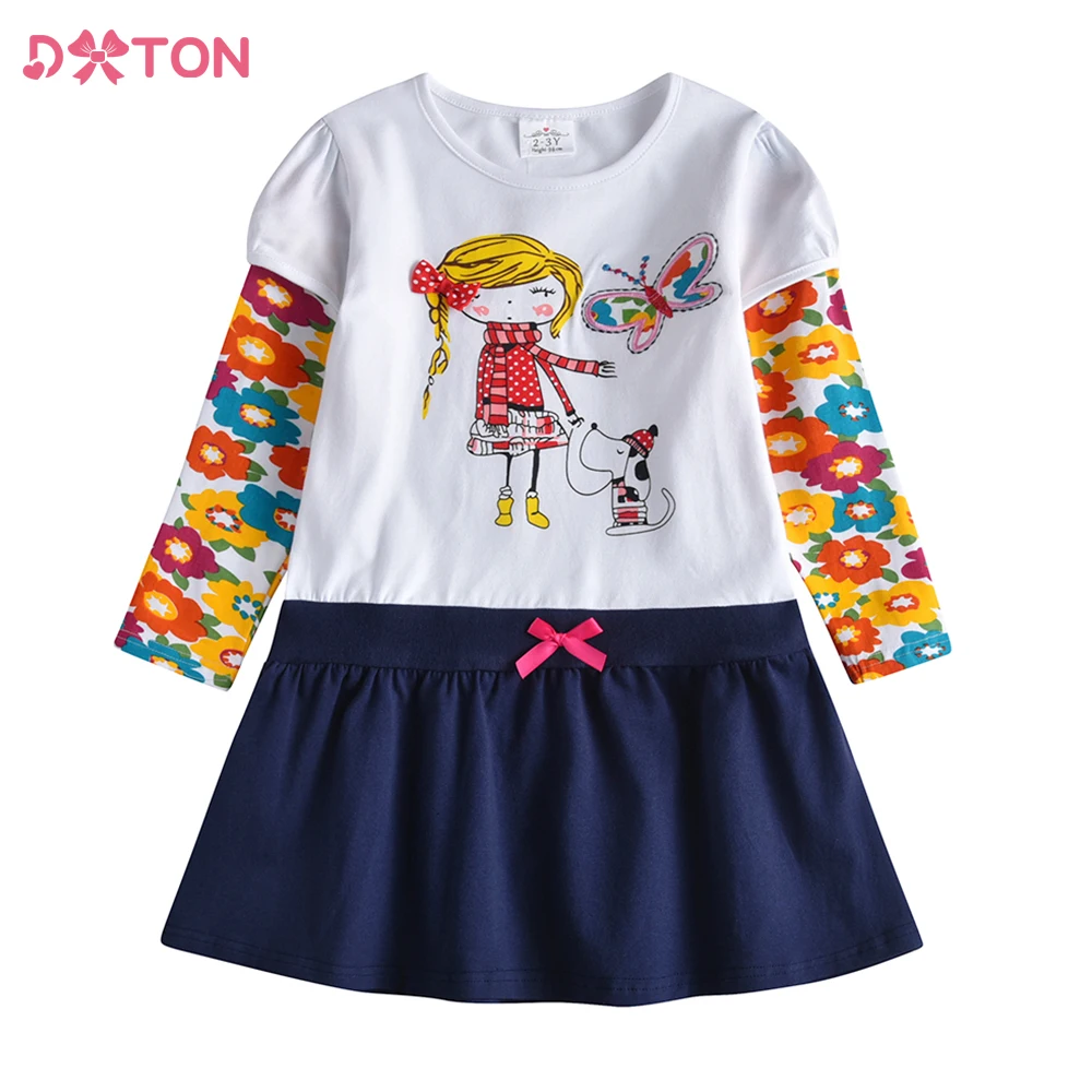 

DXTON Winter Girls Dresses Long Sleeve Causal Cotton Kids Dress For Girl Flower Appliques Children Dress Patchwork Girls Clothes