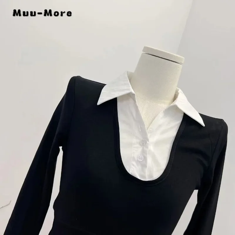 2023 Winter Casual Fake Two Piece Long Sleeve Turn Down Collar T-Shirts Women's All-Match Office Lady Style Basics Tees Tops