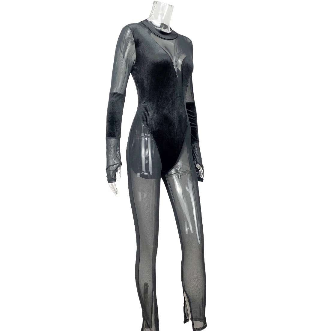 Ladies Mesh Velvet Patchwork Jumpsuit Long Sleeve Skinny Night Club Bodysuit Outfits