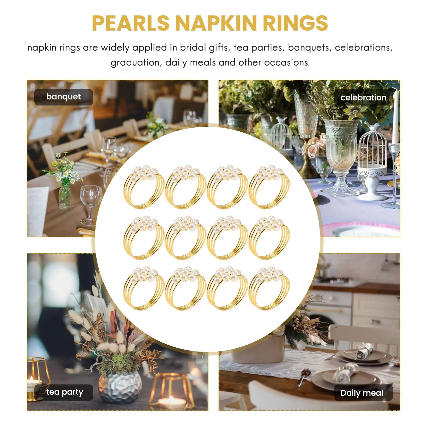 ABWR-Set Of 12 Gold Pearls Napkin Rings Weddings Favors Serviette Napkin Rings For Dinner Table Pearl Napkin Buckles Rings