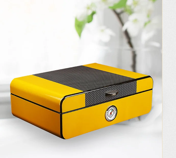 Handcrafted Yellow Carbon Fiber Cohiba Cedar Humidor with Front Hygrometer Cigar Box Fit For About 30 CTS