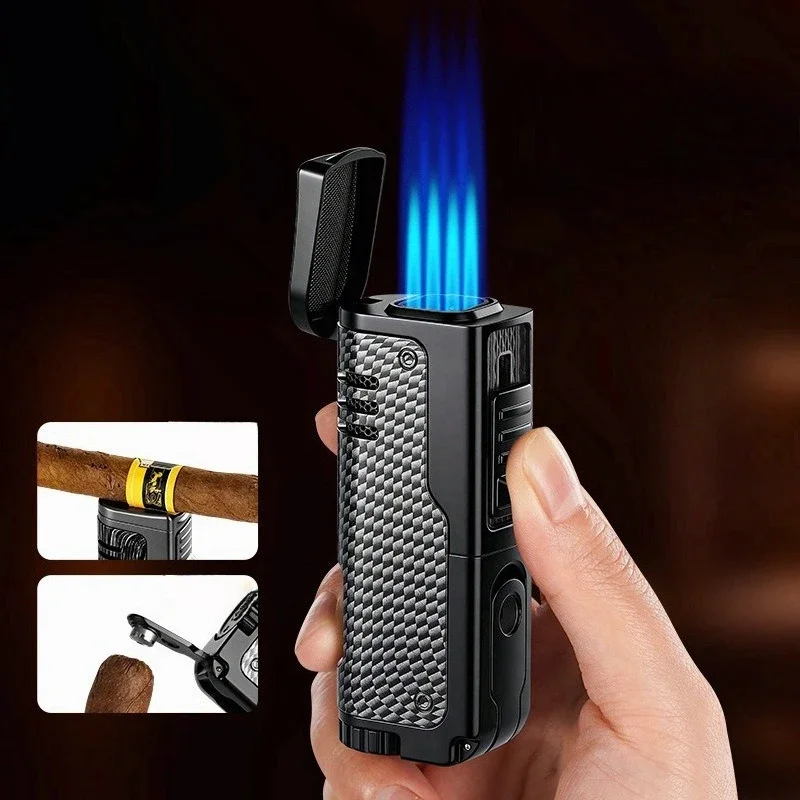 New Metal Four Direct Charge Cigar Lighter Creative Visual Gas Chamber Cigar Diamond Spray Gun Butane Gas Inflatable Lighter