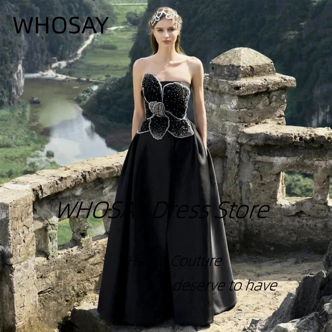 

WHOSAY Black Long Prom Dresses Strapless Beaded Flower Evening Party Dress Sexy Back платье вечернее Customized