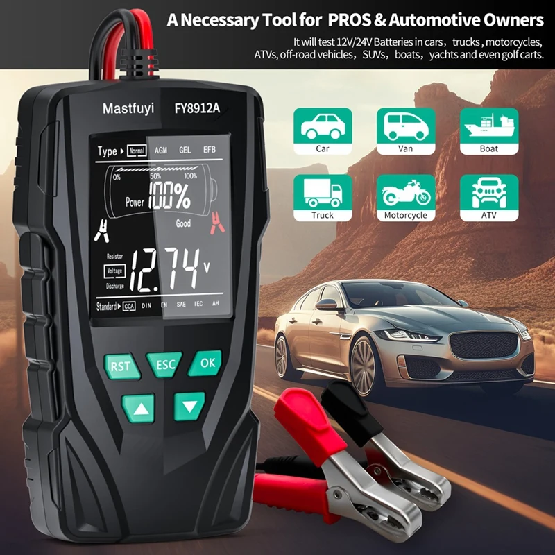 Car Battery Tester 12V/24V Battery System Analyzer 50-2000CCA Battery Health Display Comprehensive Diagnostic Test Tool