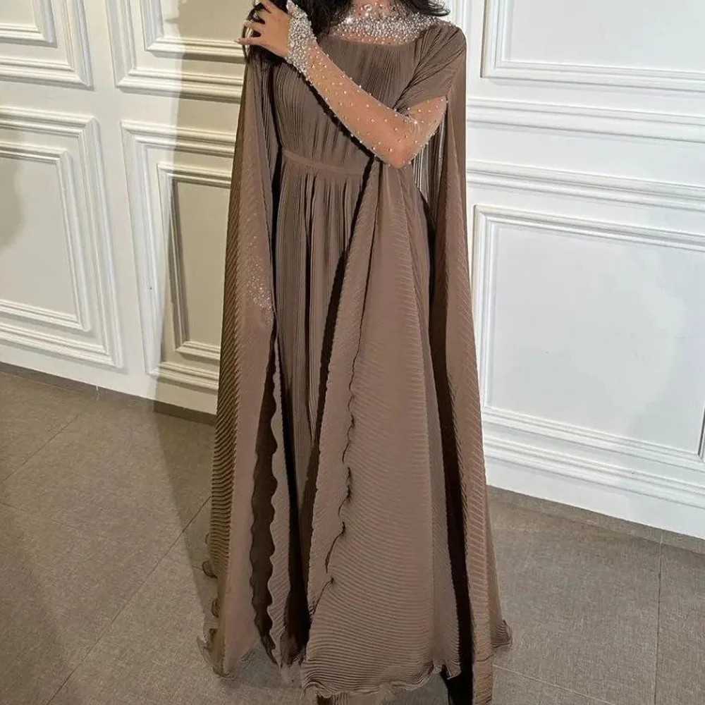 Chiffon Long Sleeves Beading Crystal Watteau Train Off the Shoulder Crew neck Floor Length Delicate and Luxury Evening Dress