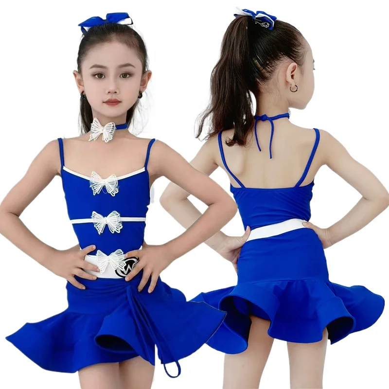 

Children Latin Dance Performance Costume Kids Girls Professional Spaghetti Strap Bodysuit Fishbone Skirt Competition Dancewear