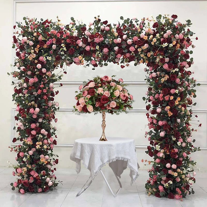 Red Pink White Rose Green Leaves Arrangement Floral Outdoor Wedding Backdrop Flower Arch Frame Deco Floral Ball Event Party Prop