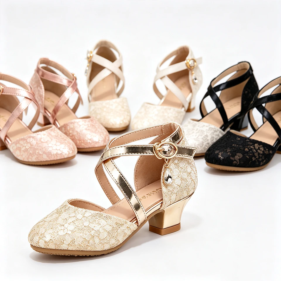 Ankle Strap Mary Jane Girls Low Block Heel Lace Flower Shoes Formal Wedding Graduation Easter Children's Pageant Party Sandals
