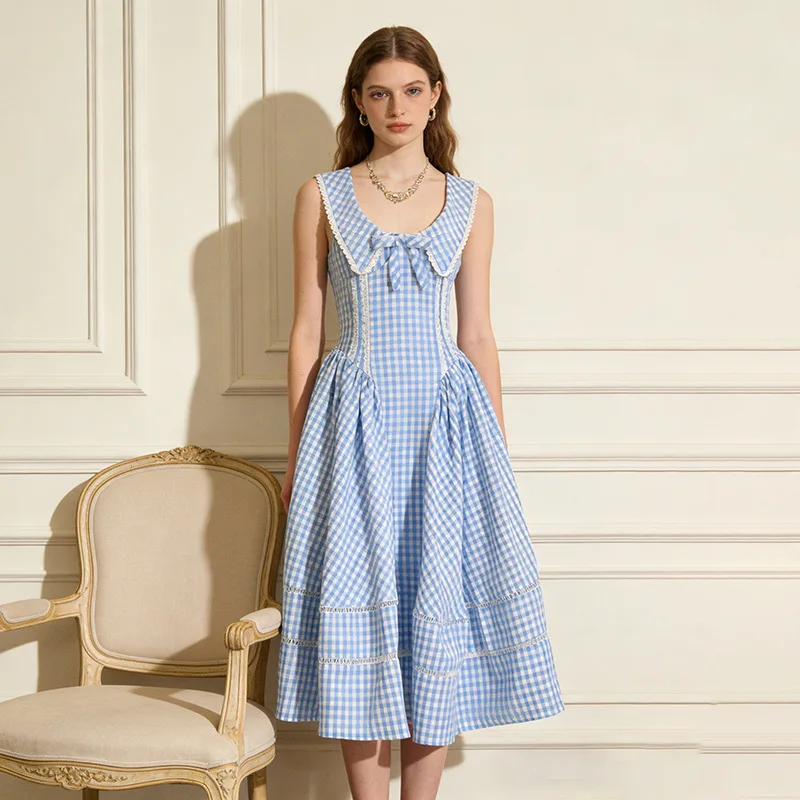 

High Quality Grid Bow Splicing Big Swing Dresses Spring Women Sleeveless Backless Lace Up Dress High Waist Knee-length Dress