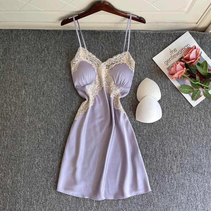 

FZSLCYIYI Summer Women Mini Sling Backless Nightgown Sexy Spaghetti Strap Lace Applique Sleepdress Home Wear Cozy Lingerie