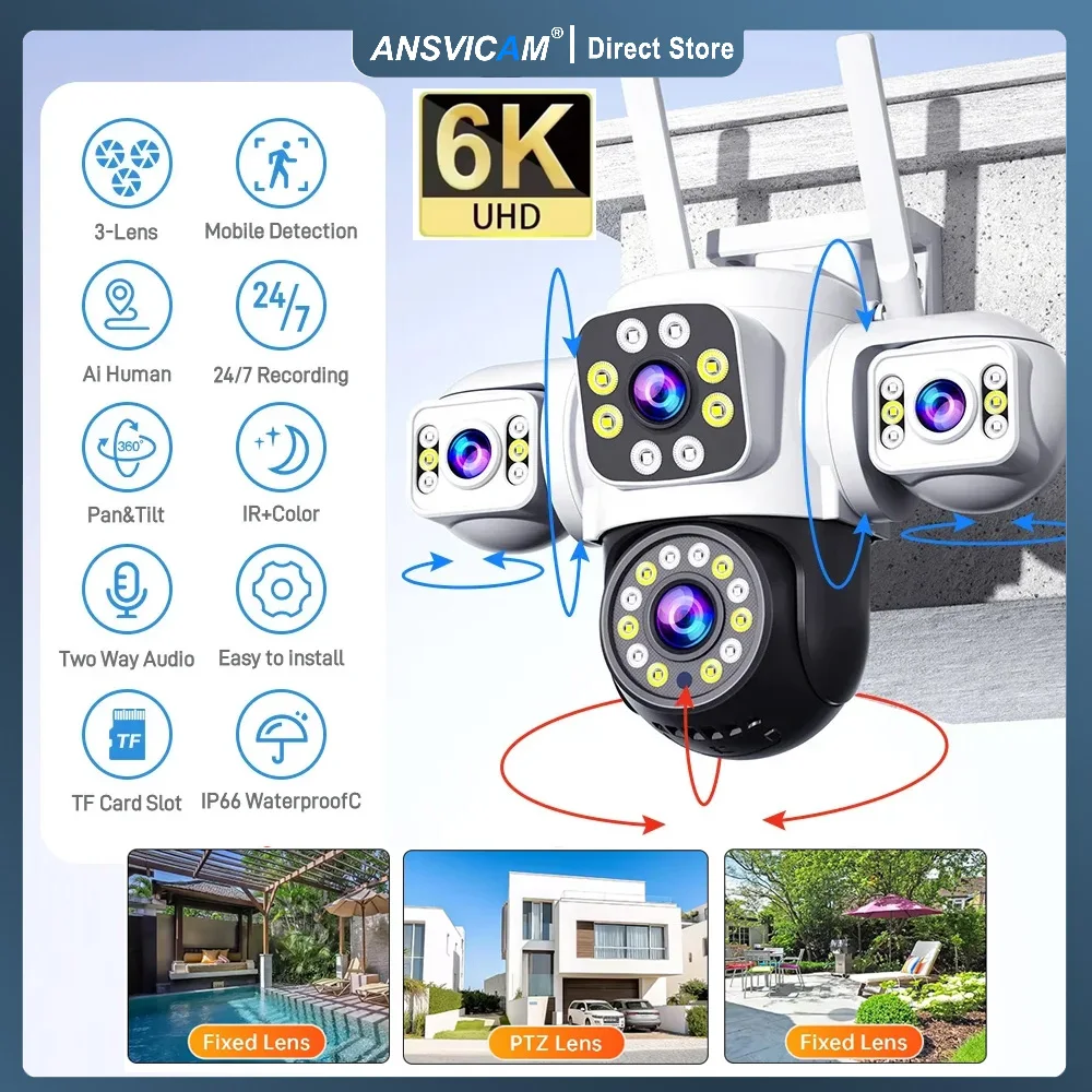 

ANSVICAM 6K 12MP Уличная Wi-Fi камера с тройным экраном и тройным объективом PTZ 360 ° Cam для полноценной безопасности IP66 CCTV Surveillance Yoosee
