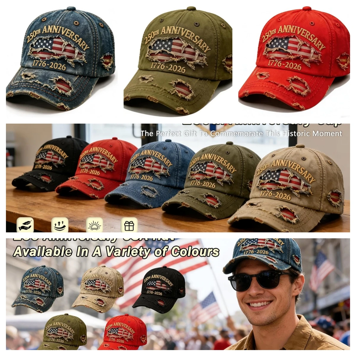 1776 - 2026 250th Anniversary of the Founding of the United States Retro Washed Old Dad Hat, Torn American Flag Embroidery, Irre