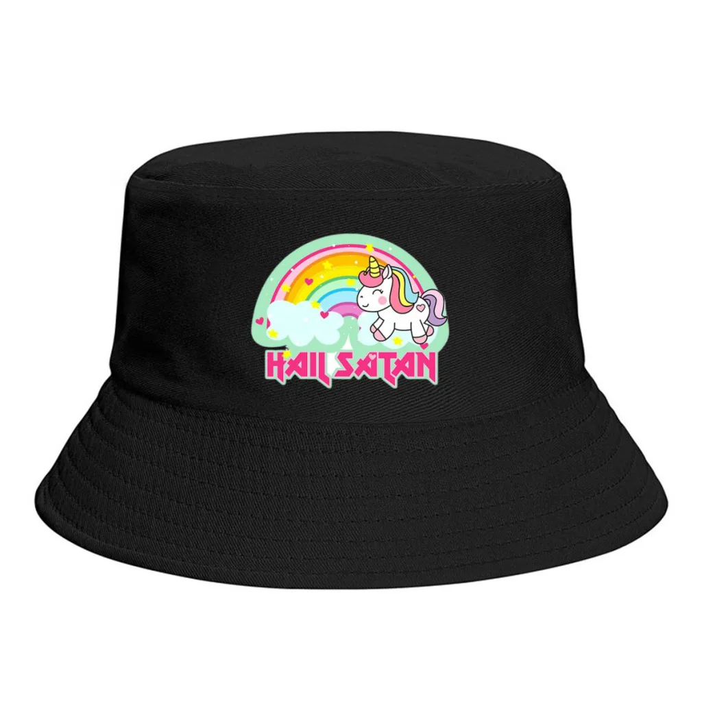 

Hail Satan rainbow unicorn Unisex Bucket Hat Embroidery Women Double-Sided Hip Hop Hat Four Season Panama Beach Fishing Sun